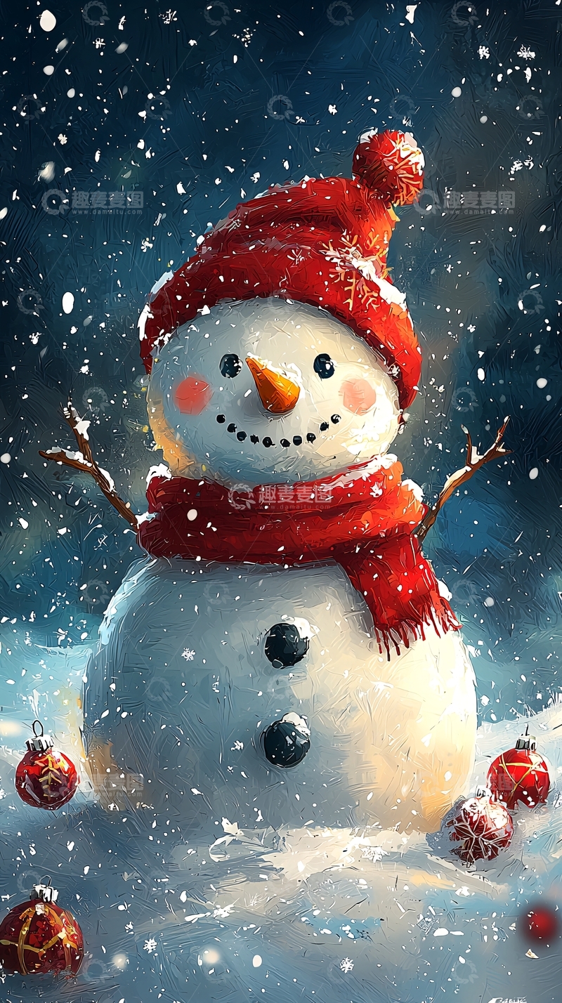高清大图下载【趣麦麦图】可爱雪人戴红帽围巾