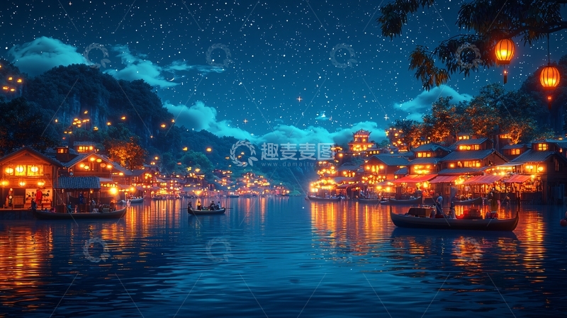 高清大图下载【趣麦麦图】星空下的水上小镇