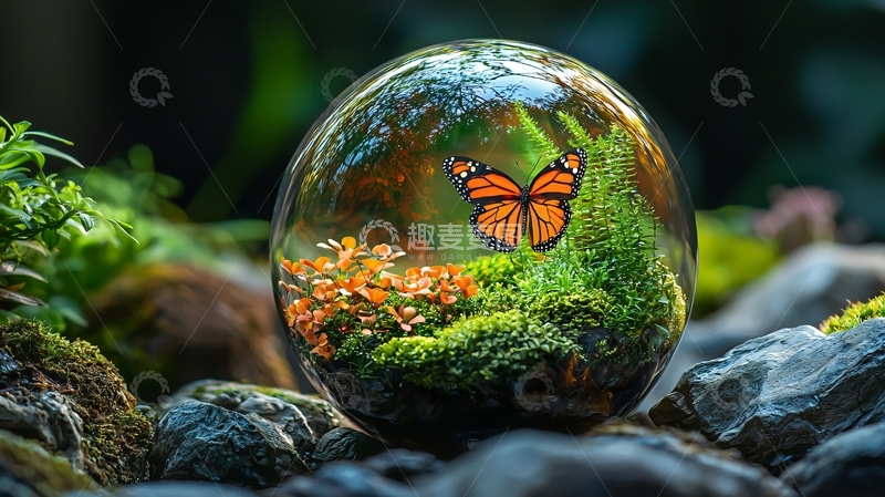 高清大图下载【趣麦麦图】玻璃球里的蝴蝶和苔藓