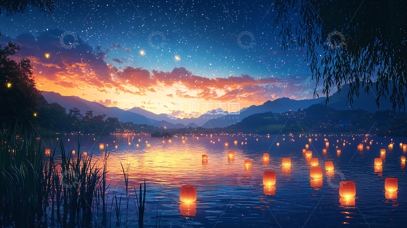 高清大图下载【趣麦麦图】星空湖面灯笼