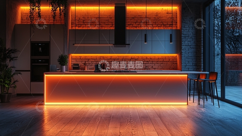 高清大图下载【趣麦麦图】暗橙色灯光现代化厨房