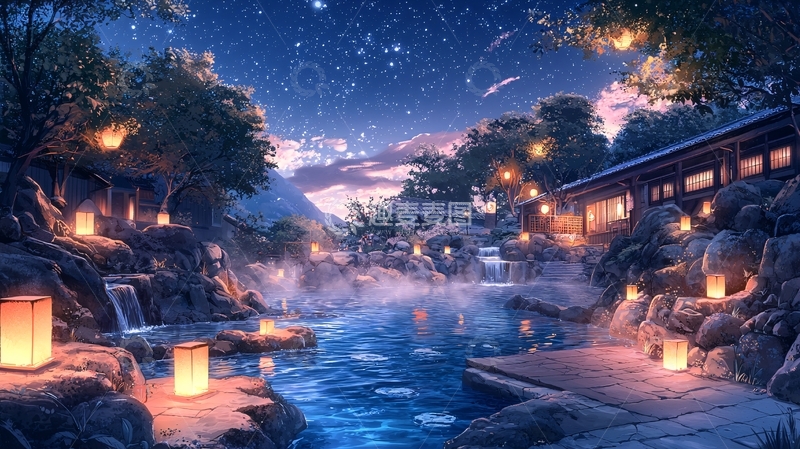 高清大图下载【趣麦麦图】梦幻温泉小镇夜景