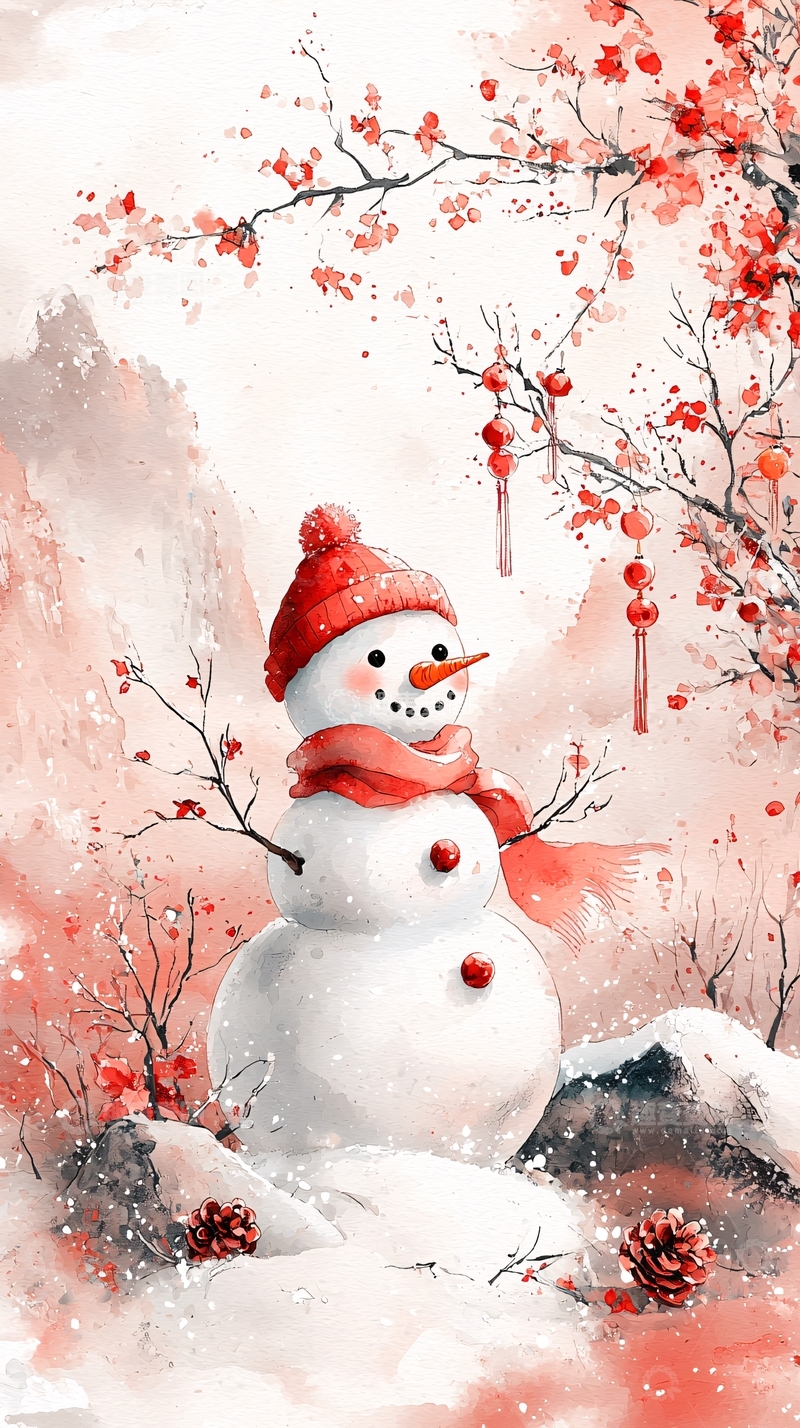 高清大图下载【趣麦麦图】水墨风红色系雪人