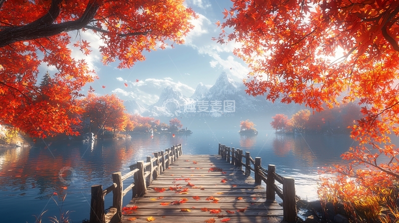 高清大图下载【趣麦麦图】秋日红叶湖边木桥