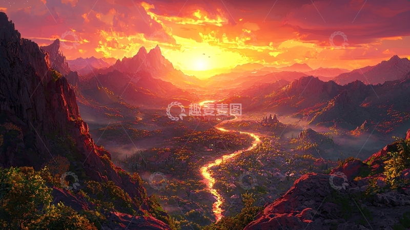 高清大图下载【趣麦麦图】燃烧的日落山谷河流