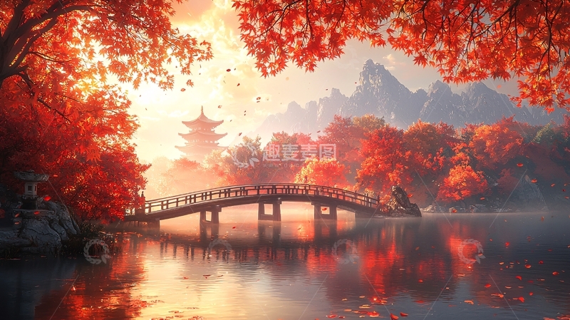 高清大图下载【趣麦麦图】秋日红叶下的日式桥梁