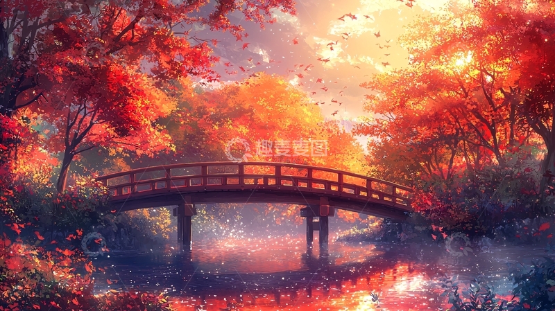 高清大图下载【趣麦麦图】秋日枫叶小桥流水