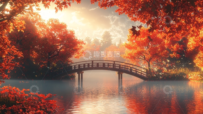 高清大图下载【趣麦麦图】秋日红叶桥上雾气朦胧