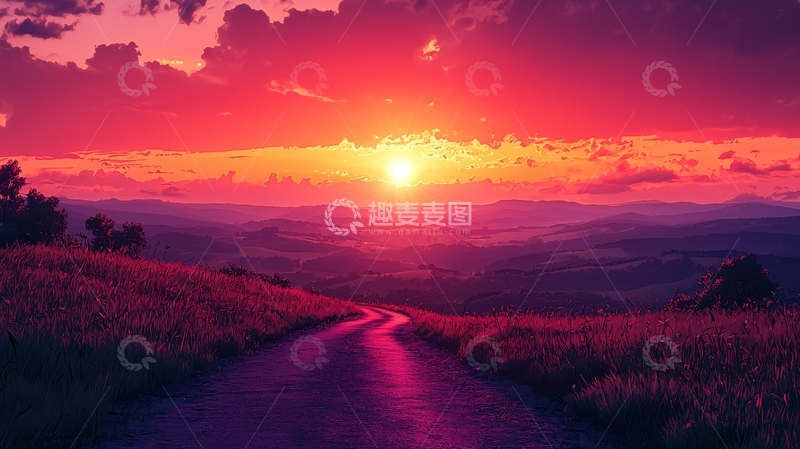 高清大图下载【趣麦麦图】红色夕阳下的乡村公路