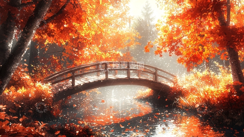 高清大图下载【趣麦麦图】秋日森林小桥流水