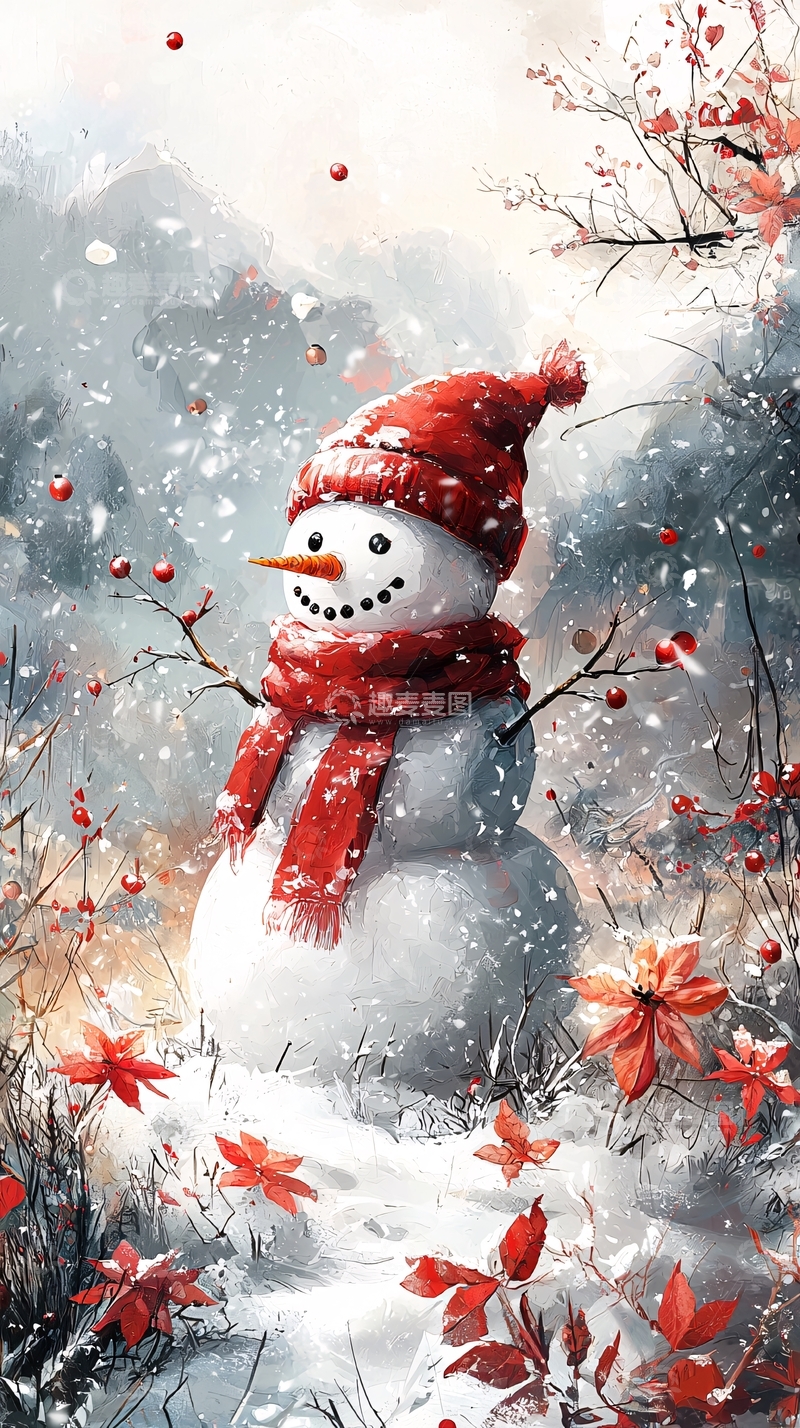 高清大图下载【趣麦麦图】戴红帽子的雪人