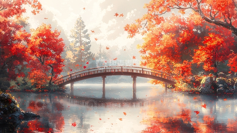 高清大图下载【趣麦麦图】秋日红枫桥边湖景