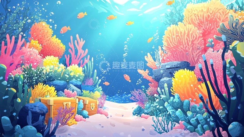 高清大图下载【趣麦麦图】海底珊瑚礁宝箱