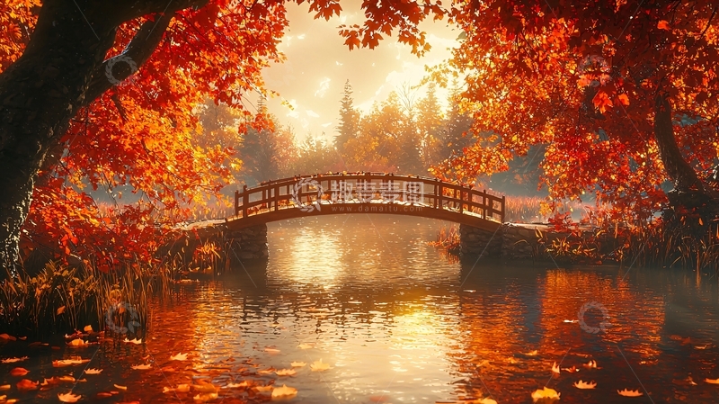 高清大图下载【趣麦麦图】秋日森林小桥流水