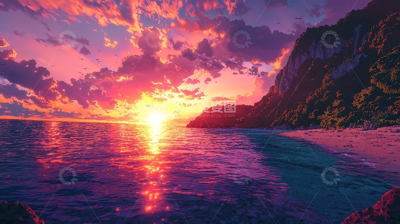 高清大图下载【趣麦麦图】梦幻落日海滩风景