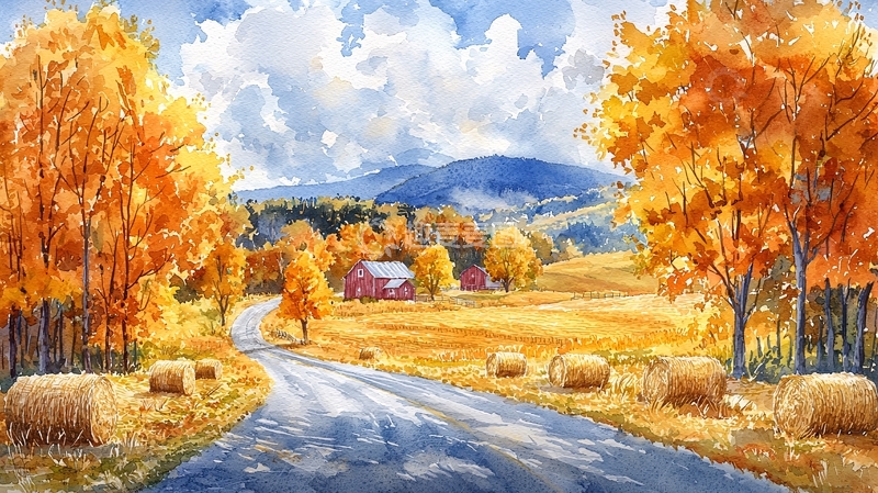 高清大图下载【趣麦麦图】秋景田园水彩画