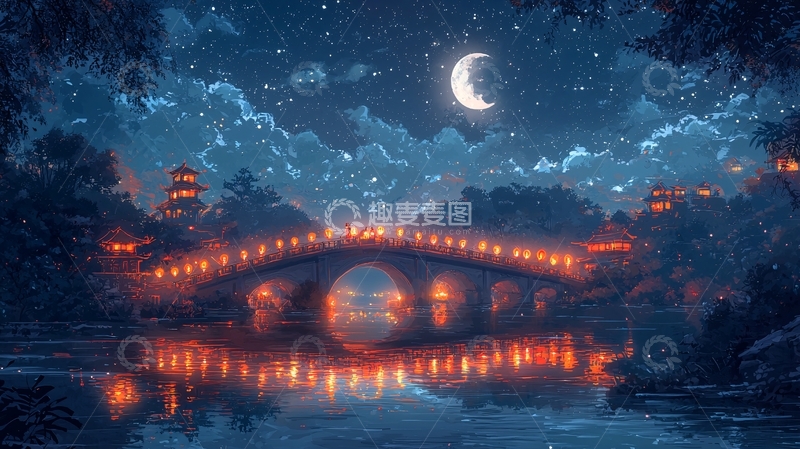 高清大图下载【趣麦麦图】夜晚古桥