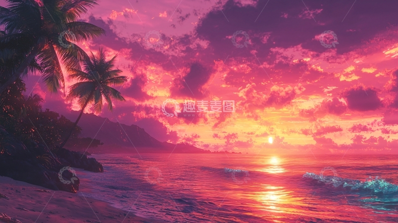高清大图下载【趣麦麦图】粉色系日落海滩风景