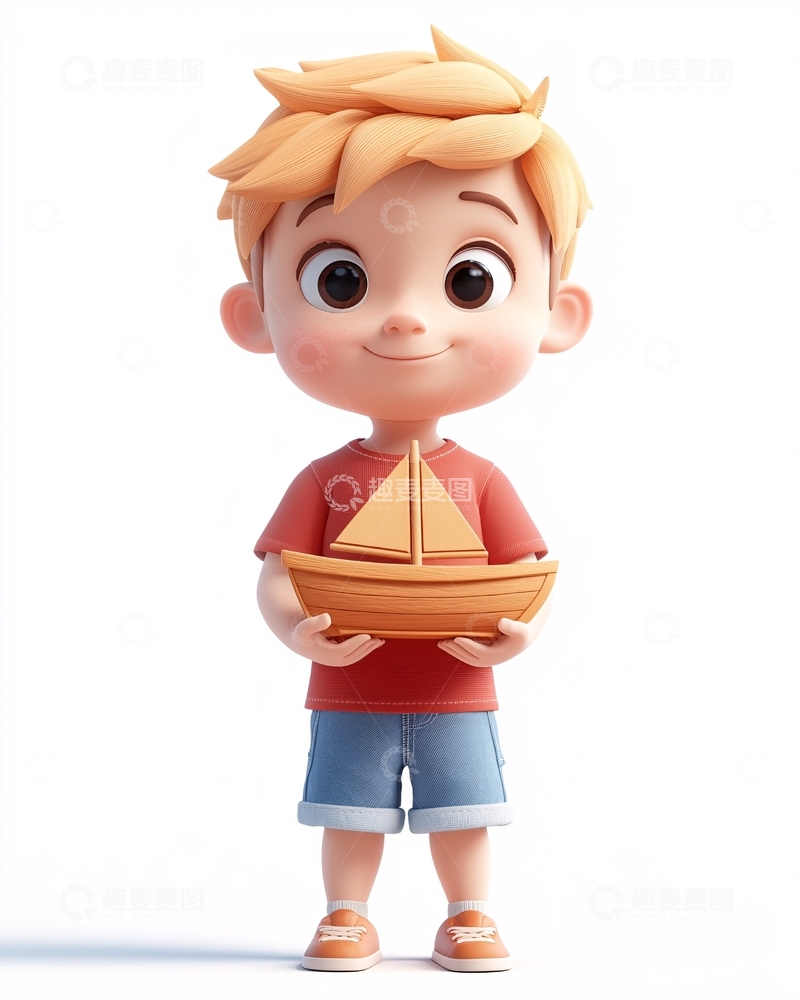 高清大图下载【趣麦麦图】可爱卡通男孩抱着小帆船