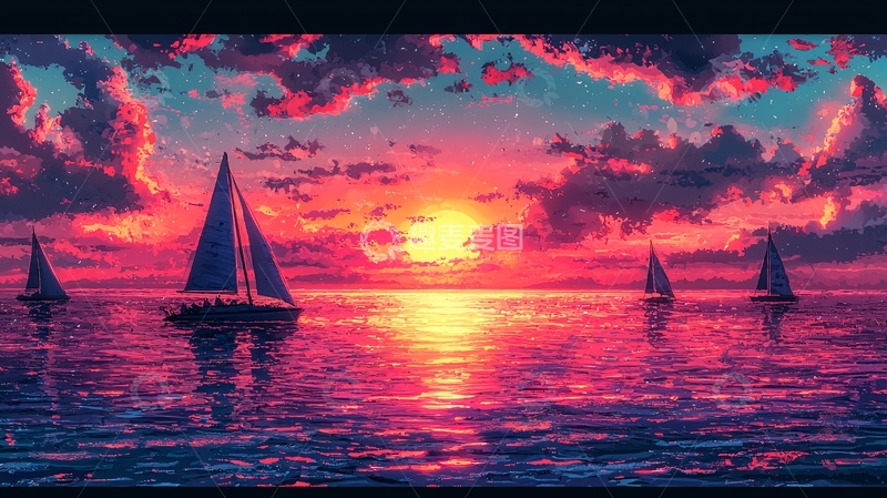 高清大图下载【趣麦麦图】唯美日落帆船海景
