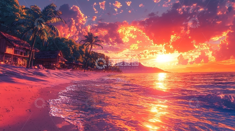 高清大图下载【趣麦麦图】海滩日落椰树风景