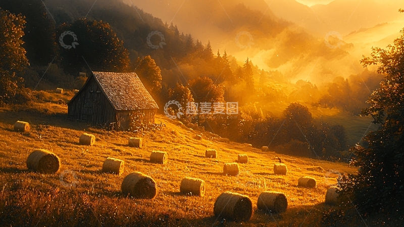 高清大图下载【趣麦麦图】日出麦田小屋