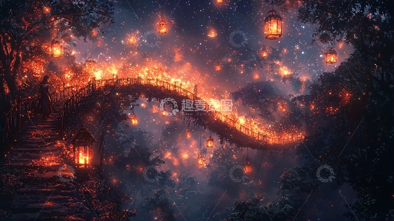高清大图下载【趣麦麦图】梦幻森林灯笼桥