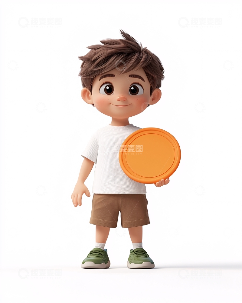 高清大图下载【趣麦麦图】可爱卡通男孩拿橙色圆盘