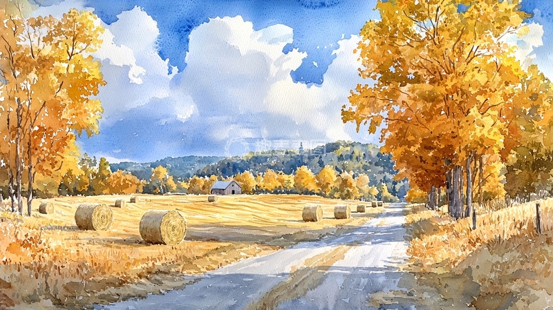 高清大图下载【趣麦麦图】秋日田园水彩画