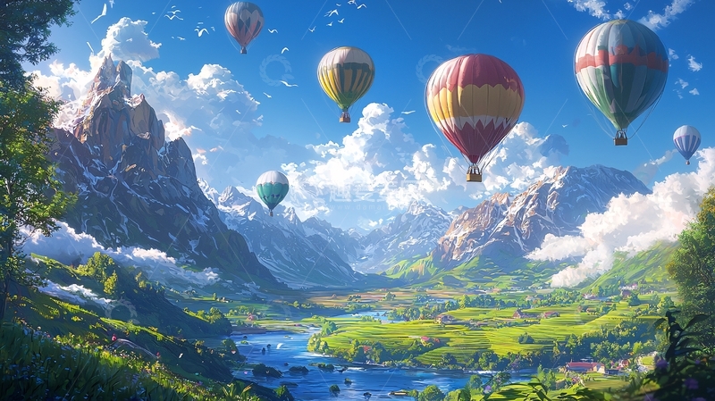高清大图下载【趣麦麦图】热气球飞跃山谷
