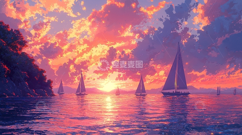 高清大图下载【趣麦麦图】唯美日落帆船海景图