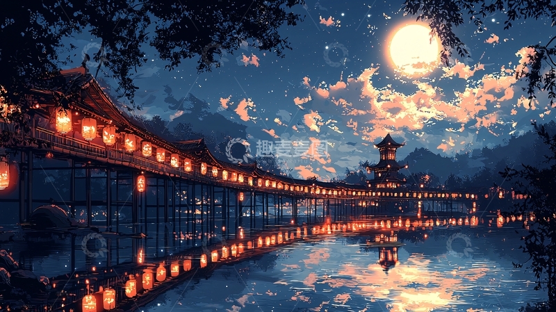 高清大图下载【趣麦麦图】夜色朦胧下的古镇夜景