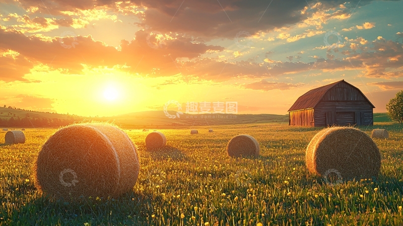高清大图下载【趣麦麦图】日落麦田乡村景色