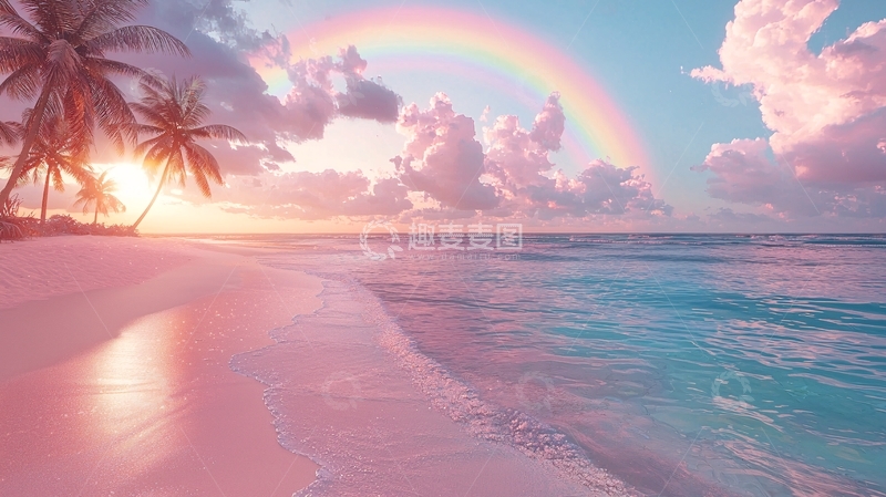 高清大图下载【趣麦麦图】粉色沙滩日落彩虹