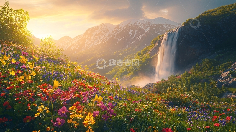 高清大图下载【趣麦麦图】日出山谷瀑布鲜花