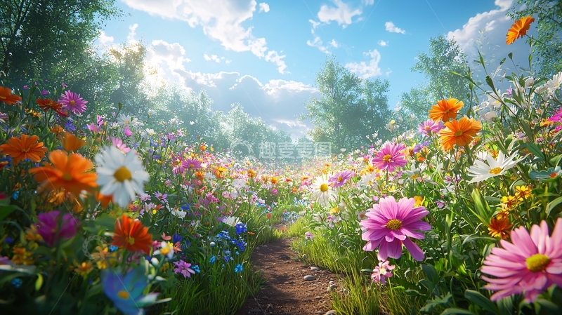 高清大图下载【趣麦麦图】阳光下的彩色花海小路