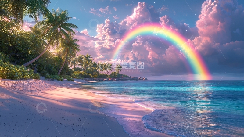 高清大图下载【趣麦麦图】海滩彩虹梦幻风景