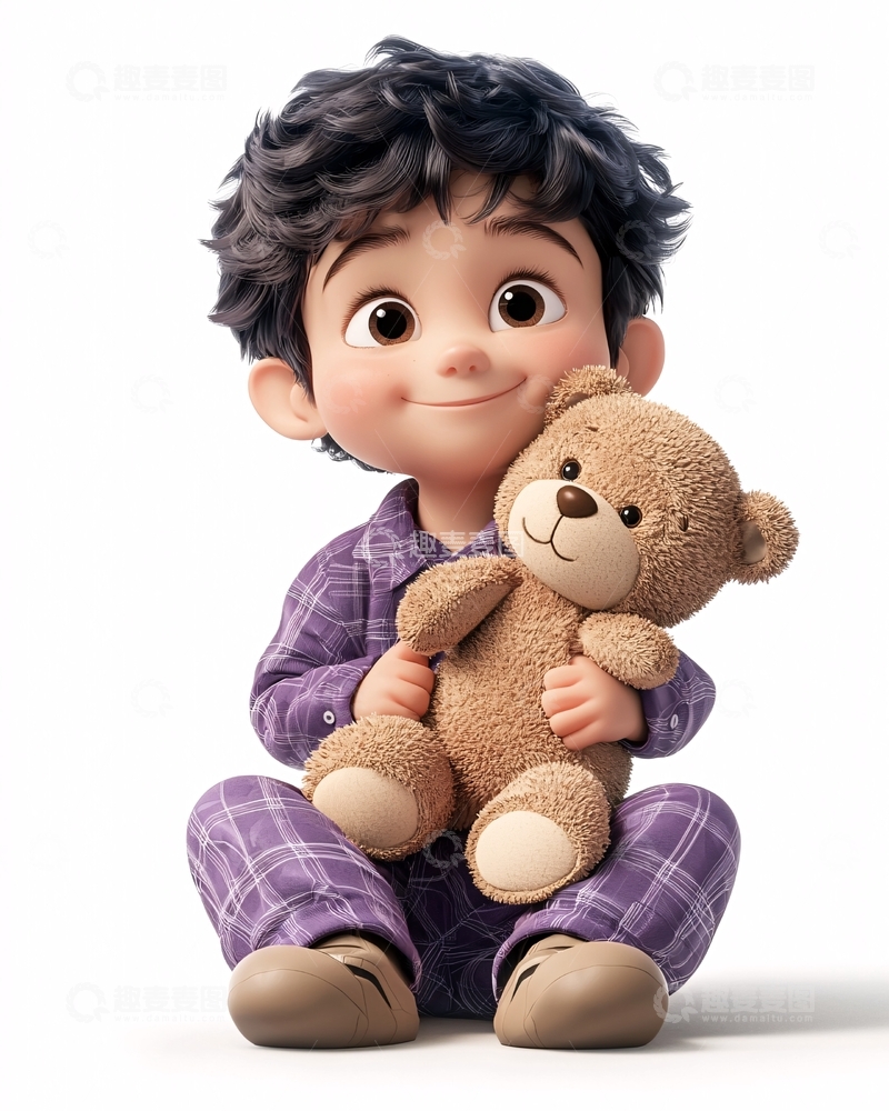 高清大图下载【趣麦麦图】抱着泰迪熊的卡通男孩