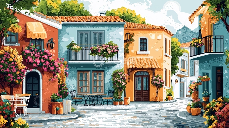 高清大图下载【趣麦麦图】地中海风格彩色房屋街景