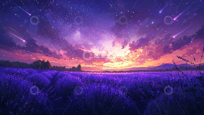 高清大图下载【趣麦麦图】紫色薰衣草田与流星雨