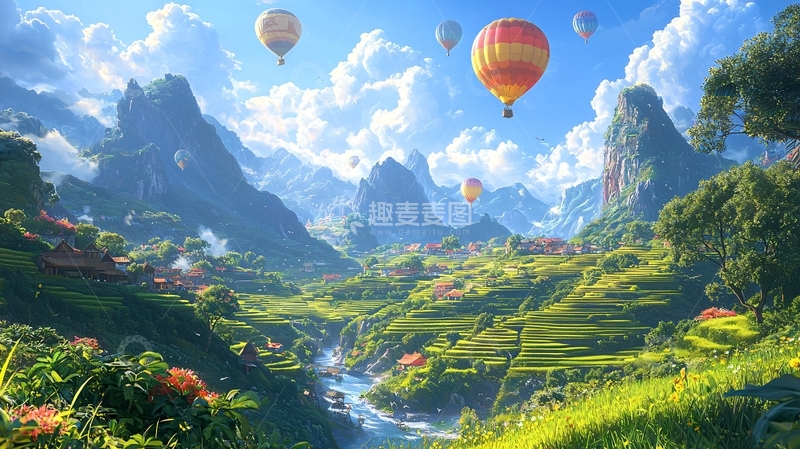 高清大图下载【趣麦麦图】热气球飞跃山谷田园风光