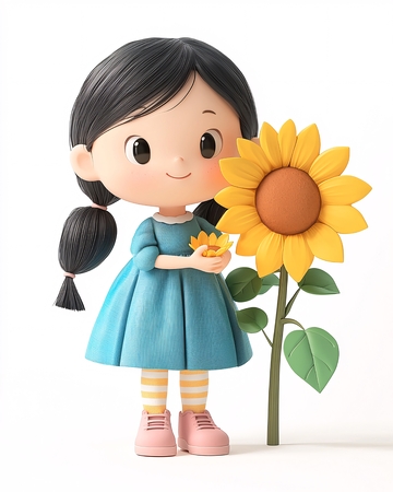 可爱卡通女孩和向日葵
