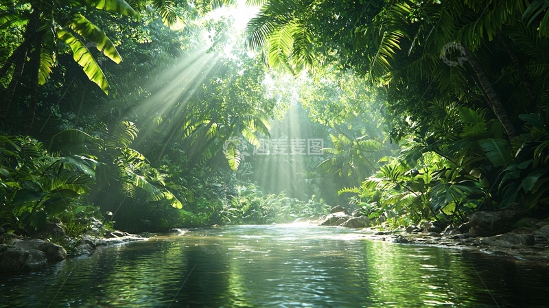 高清大图下载【趣麦麦图】阳光透过树林洒在溪流上