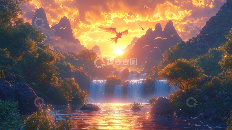 高清大图下载【趣麦麦图】火焰山谷日落龙