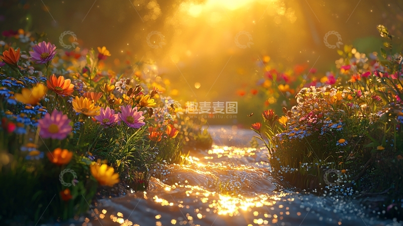 高清大图下载【趣麦麦图】清晨阳光下的野花溪流