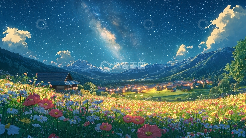 高清大图下载【趣麦麦图】星空下的花海山谷