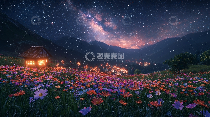 高清大图下载【趣麦麦图】星空下的花海小屋