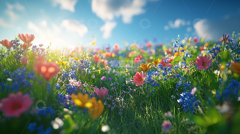 高清大图下载【趣麦麦图】阳光下五彩缤纷的野花田
