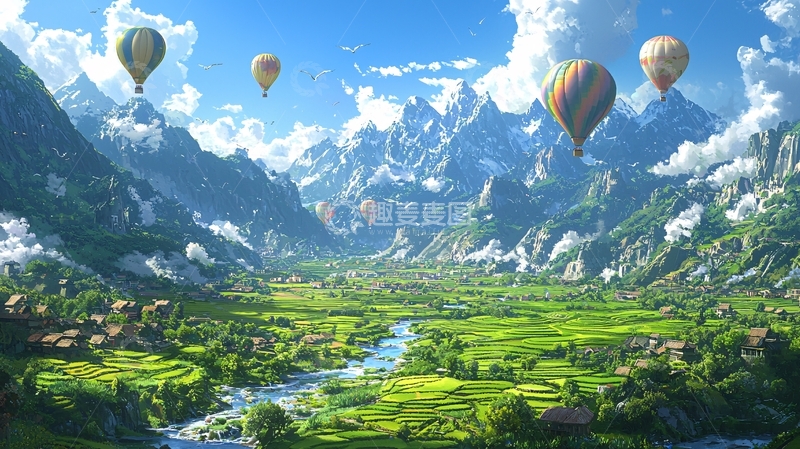 高清大图下载【趣麦麦图】热气球飞跃山谷