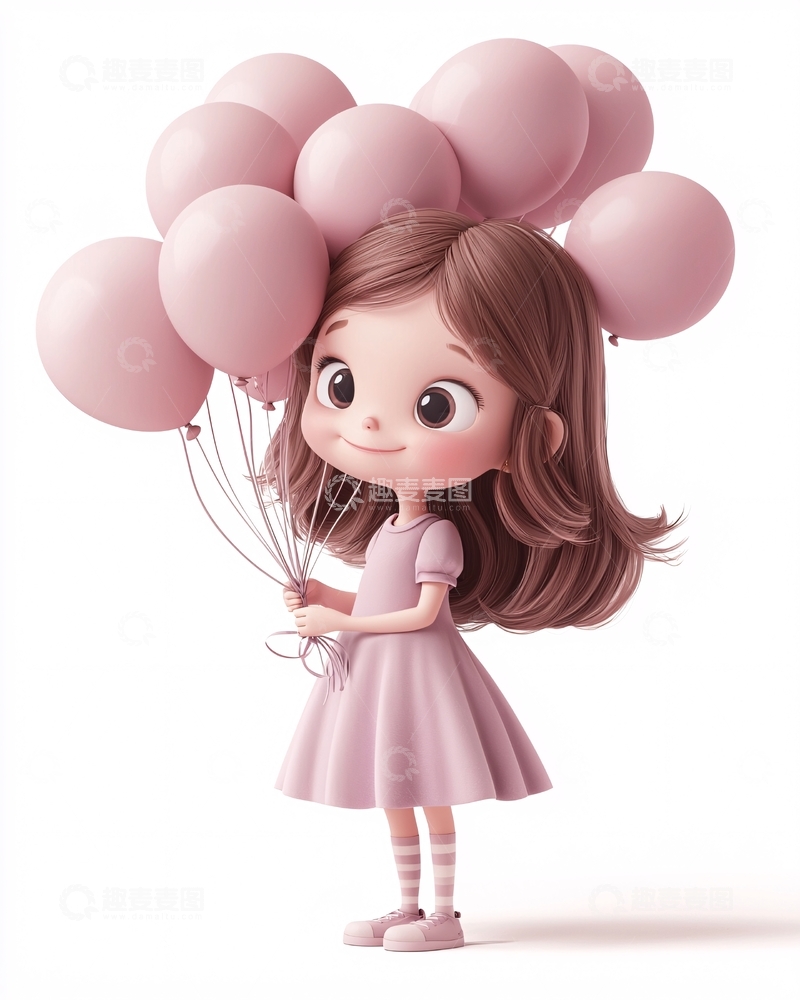 高清大图下载【趣麦麦图】可爱卡通女孩粉色气球